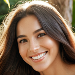 **A close-up shot of a woman's smiling face, with her head tilted slightly to showcase her healthy, shiny hair. The background is blurred, featuring natural elements like leaves and sunlight filtering through trees. The focus is on the hair's natural shine and bounce, highlighting the benefits of silicone-free serum.**