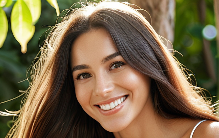 **A close-up shot of a woman's smiling face, with her head tilted slightly to showcase her healthy, shiny hair. The background is blurred, featuring natural elements like leaves and sunlight filtering through trees. The focus is on the hair's natural shine and bounce, highlighting the benefits of silicone-free serum.**