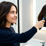 A confident person with shoulder-length, dark brown hair, actively styling their roots for volume using a professional hairdryer and a round brush. They are wearing a comfortable, long-sleeved top in a well-lit modern bathroom. The hair shows clear signs of increasing volume, with light diffusing from the dryer. The expression is focused and satisfied, fully clothed, modest clothing, appropriate attire, professional dress, perfect anatomy, correct proportions, well-formed hands, proper finger count, natural body proportions, natural pose, safe for work, appropriate content, family-friendly, high-quality photography, studio lighting.